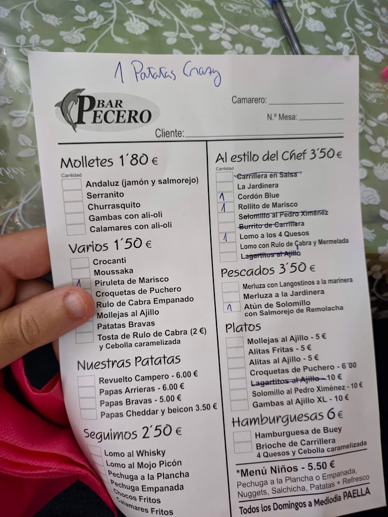 Bar Pecero — Carta