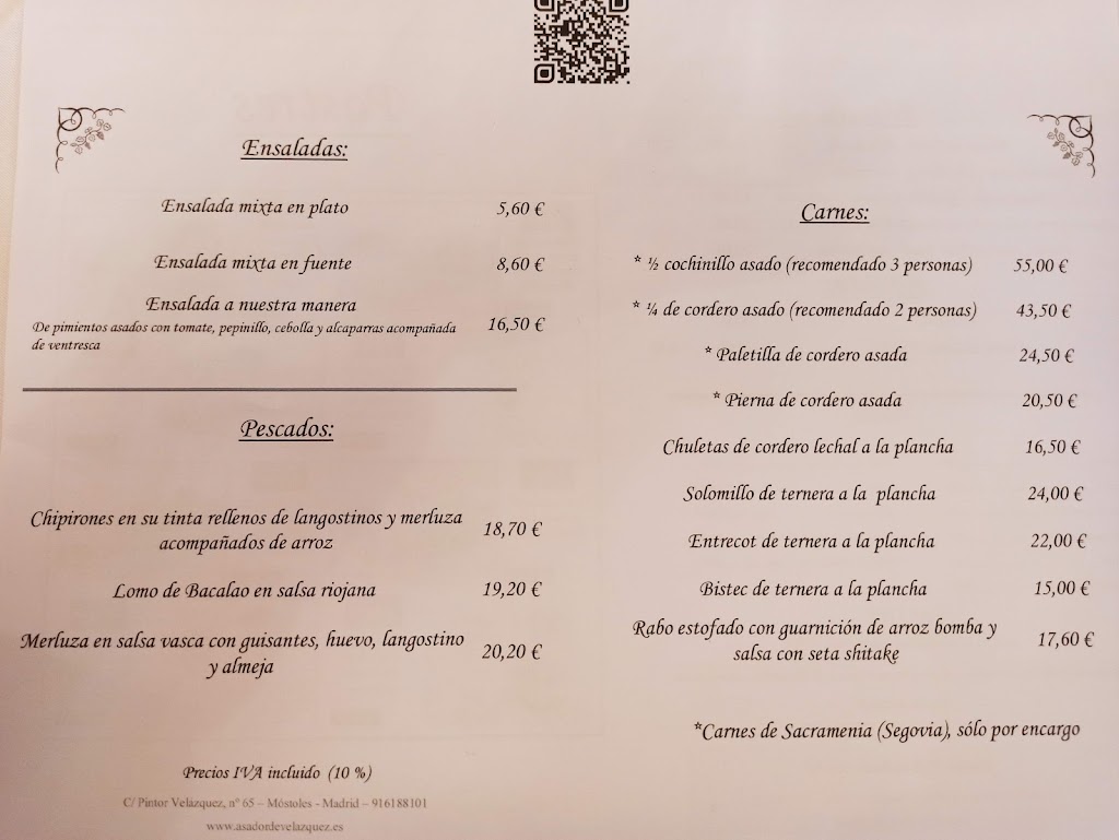 Restaurante Asador de Velazquez — Carta