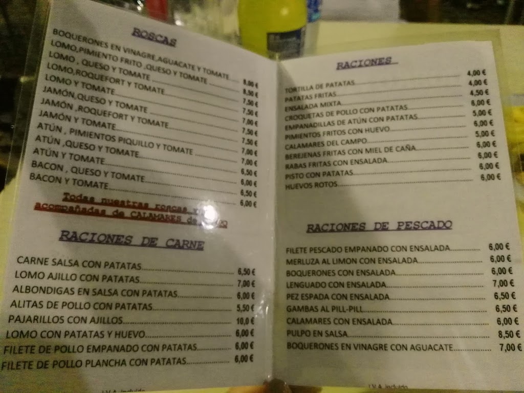 Bar Ficus — Carta