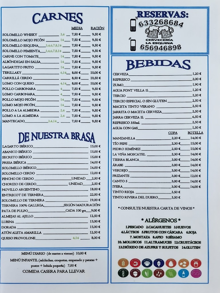 Bar Cerveceria La Esquina — Carta