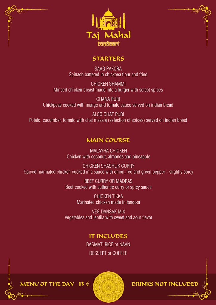 Taj Mahal Tandoori Restaurant — Carta