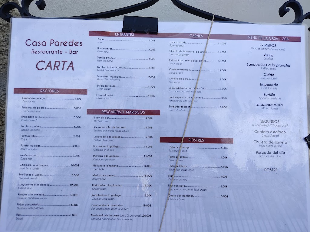 Restaurante Casa Paredes (Santiago de Compostela) — Carta