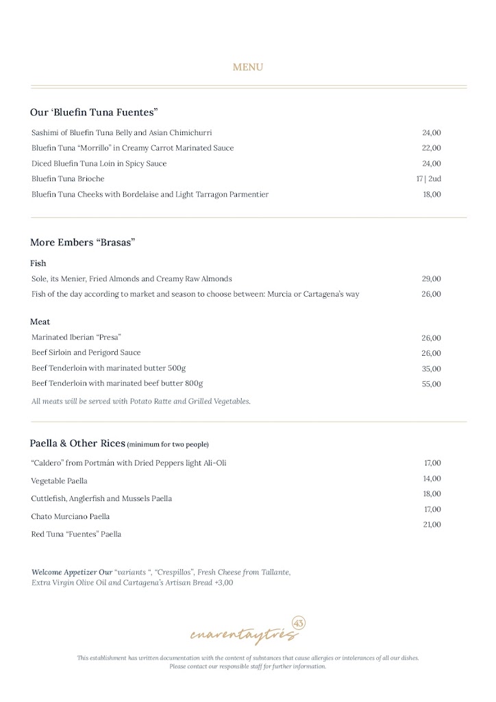 Restaurante Cuarenta y tres 43 — Carta