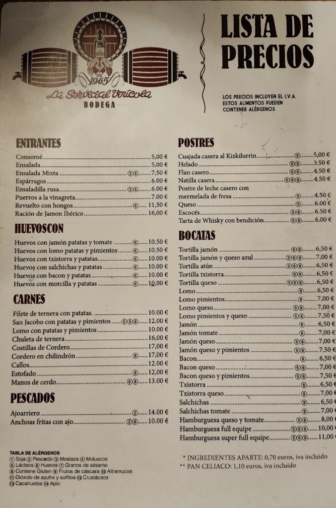 La Servicial Vinicola — Carta