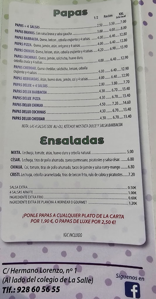 Bar/Cafeteria Los Chinijos — Carta