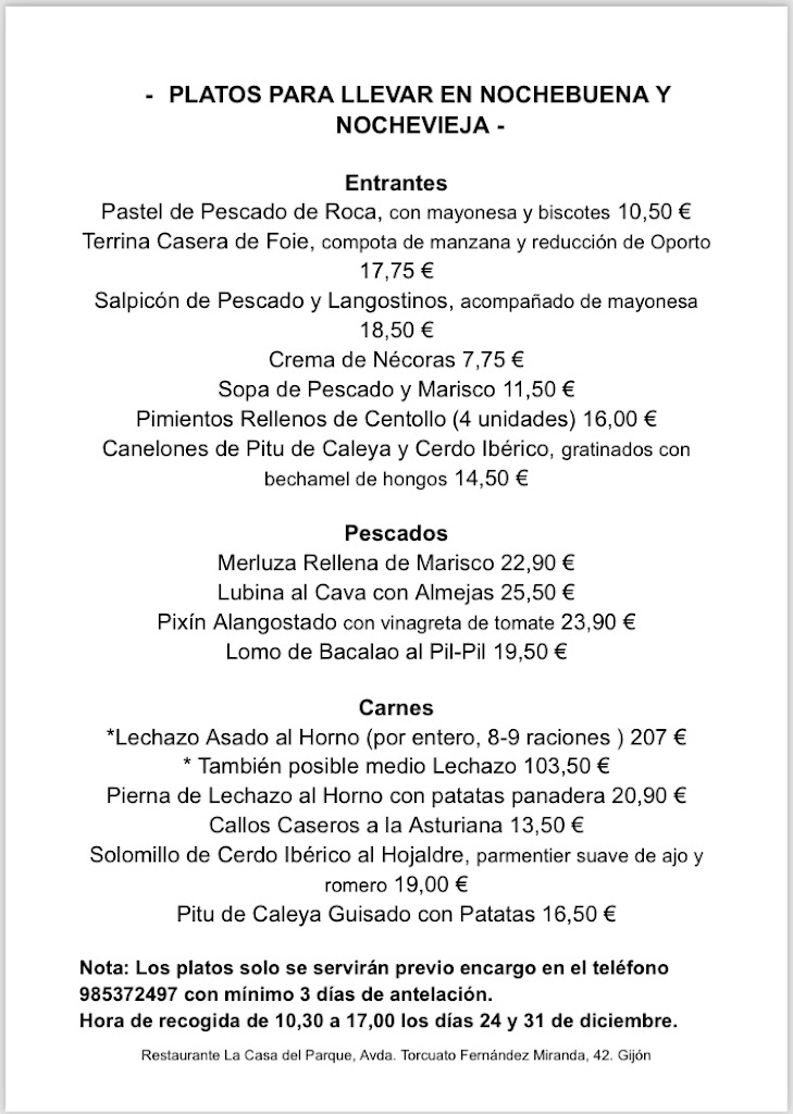 Restaurante La Casa del Parque — Carta