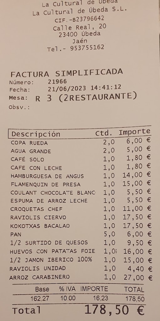 Restaurante La Cultural de Ubeda — Carta