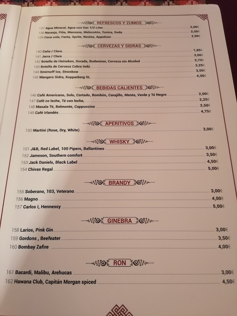 Everest Indian Restaurante — Carta