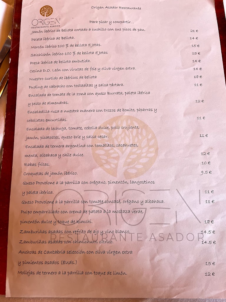 Origen Restaurante Asador — Carta