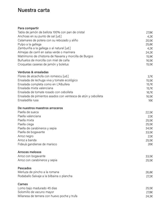 La Albufera Moraleja — Carta