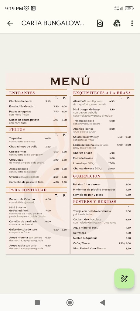 Bungalow Brasas Bar — Carta