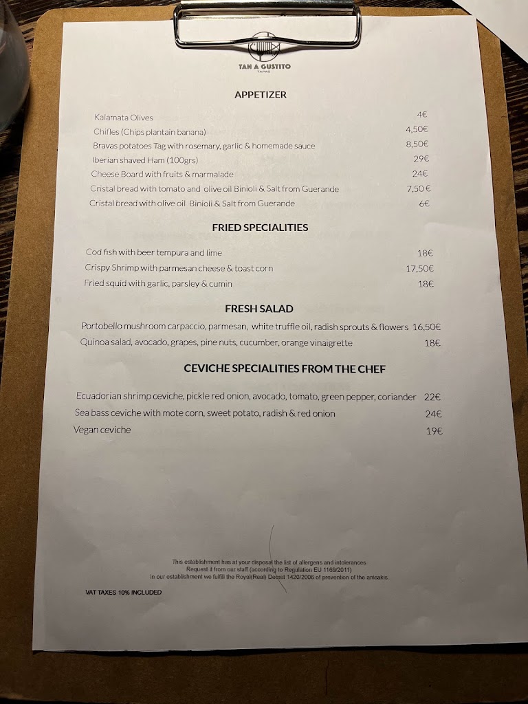Tan a Gustito Restaurante — Carta