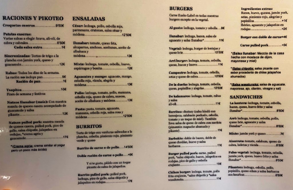 Bar Ilunabar — Carta