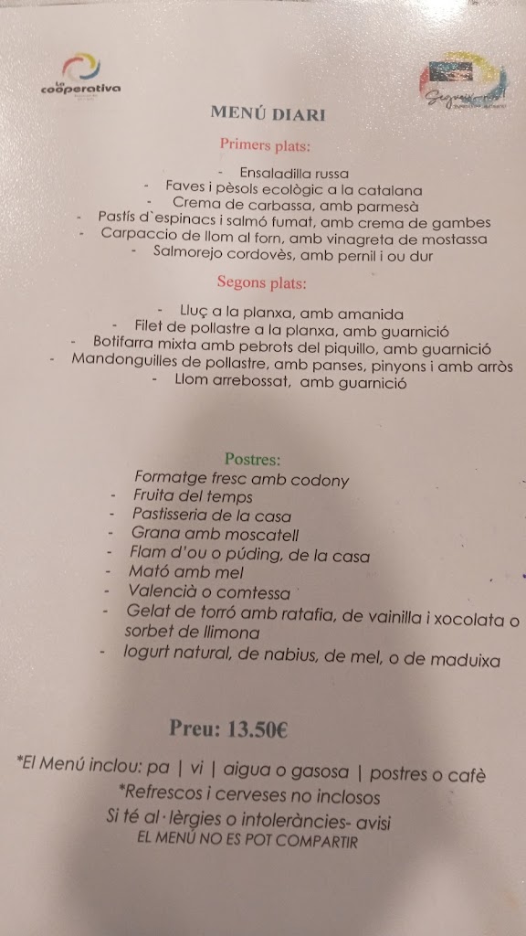 Restaurant La Cooperativa — Carta