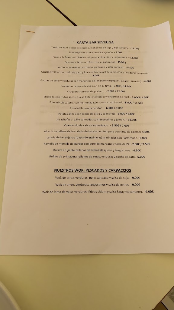 Restaurante Sevruga — Carta
