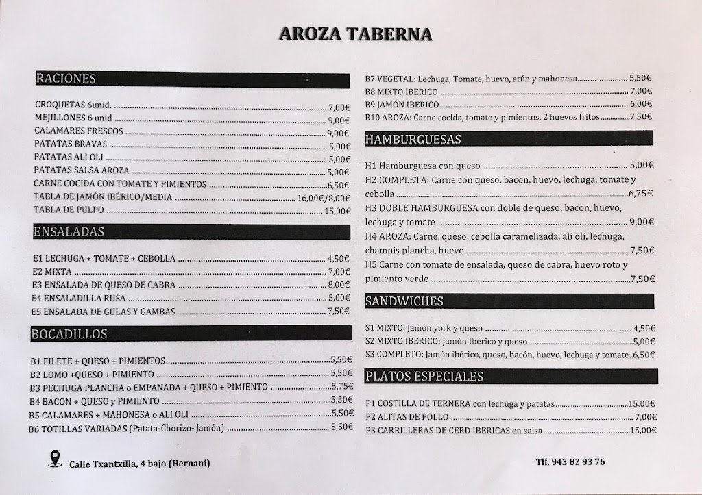 Bar Aroza Taberna — Carta