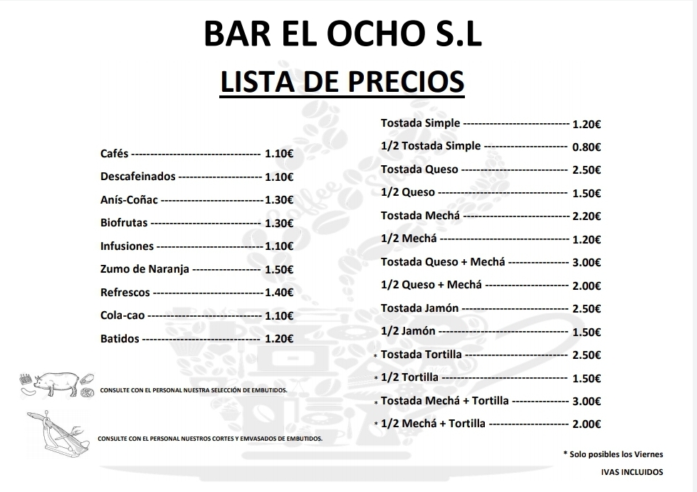 Bar El Ocho — Carta