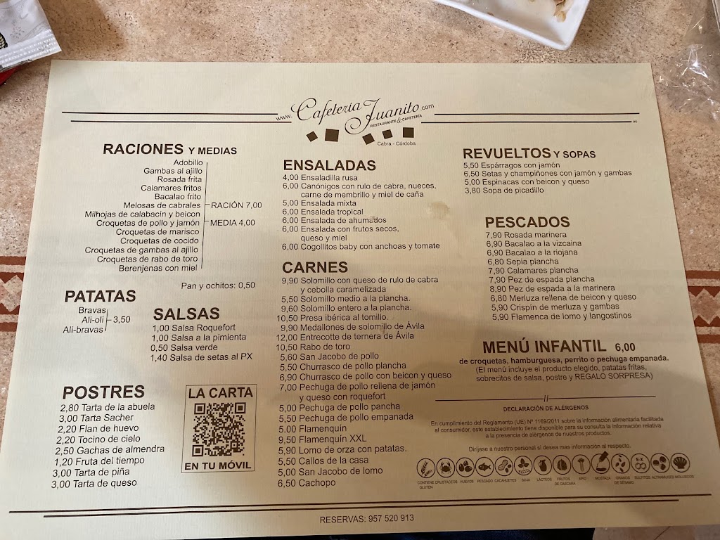 Restaurante - Cafeteria Juanito — Carta