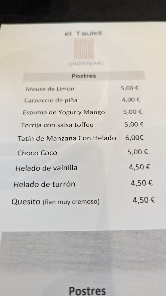 El Taulell Gastronomic — Carta