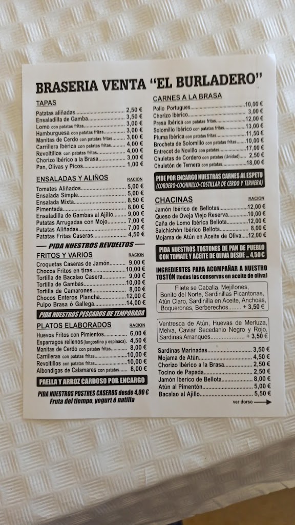 VENTA EL BURLADERO — Carta