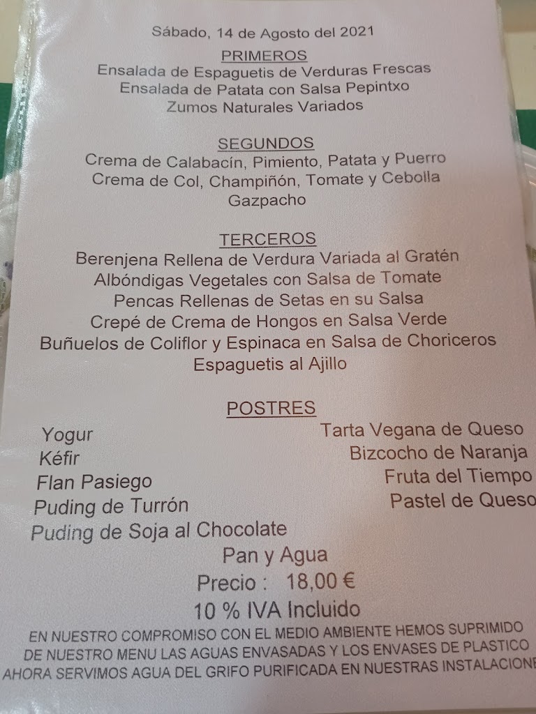 Restaurante Vegetariano Pepintxo — Carta