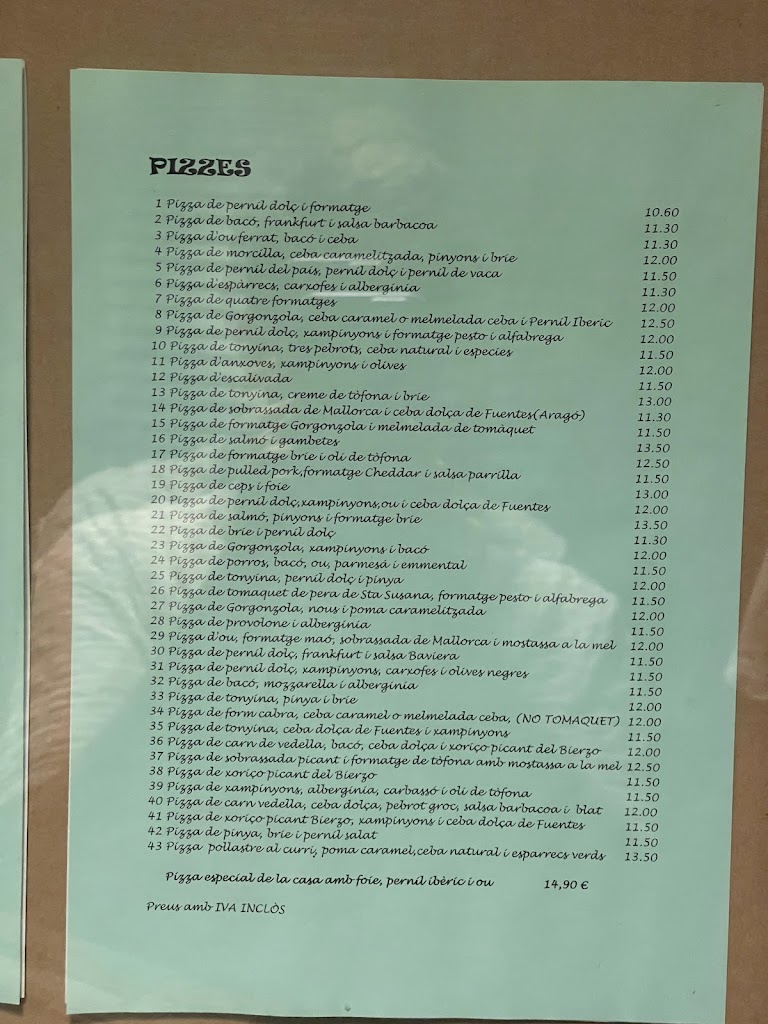 Pizzeria La Lluna — Carta