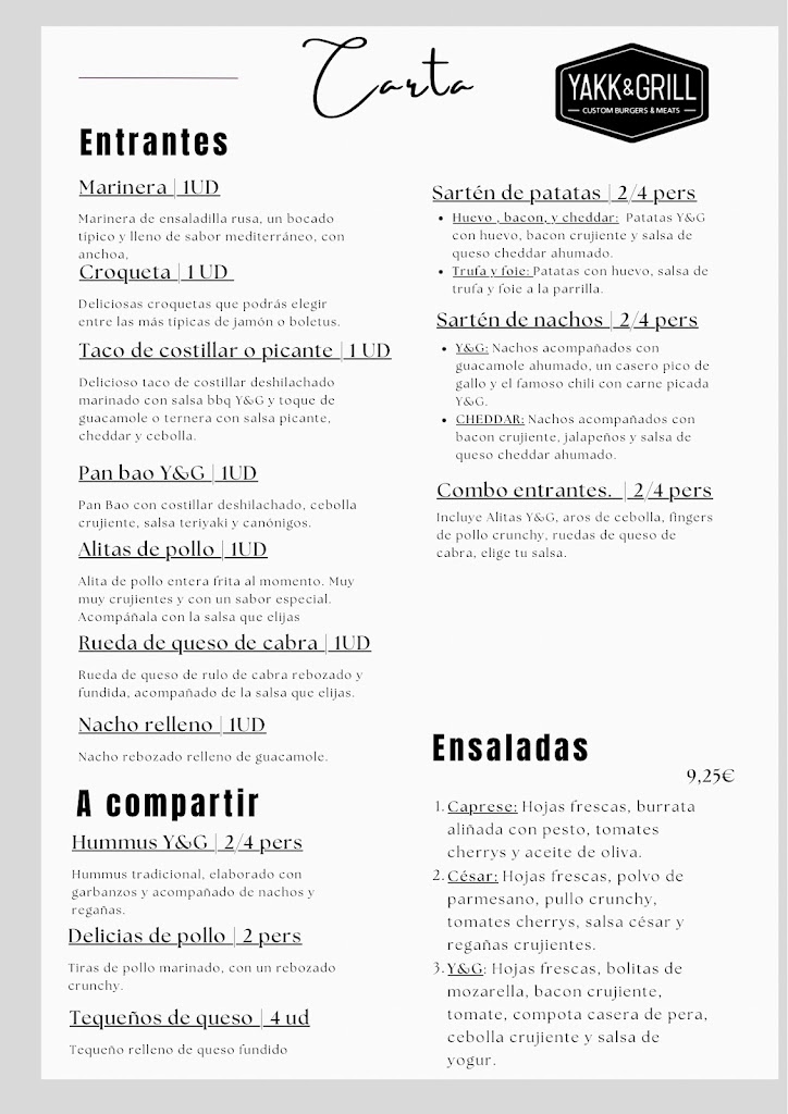 Restaurante Yakk and Grill — Carta