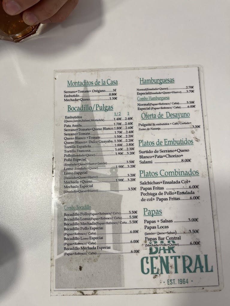 Bar Cafeteria Central — Carta