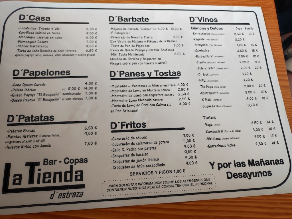 Bar La Tienda D'Estraza — Carta