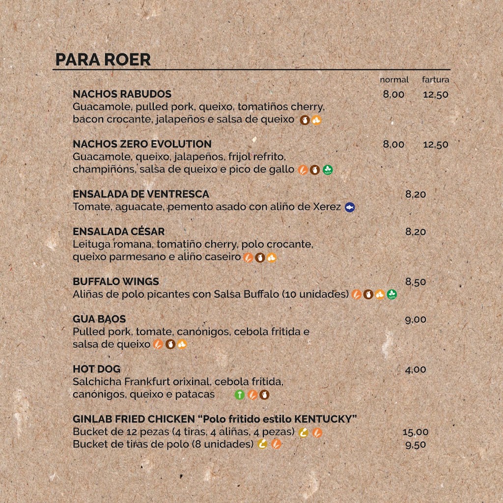 Pub restaurante Ginlab — Carta