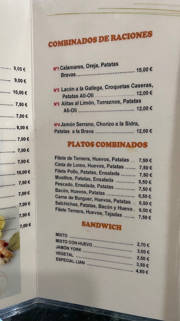 Cafeteria Lian — Carta