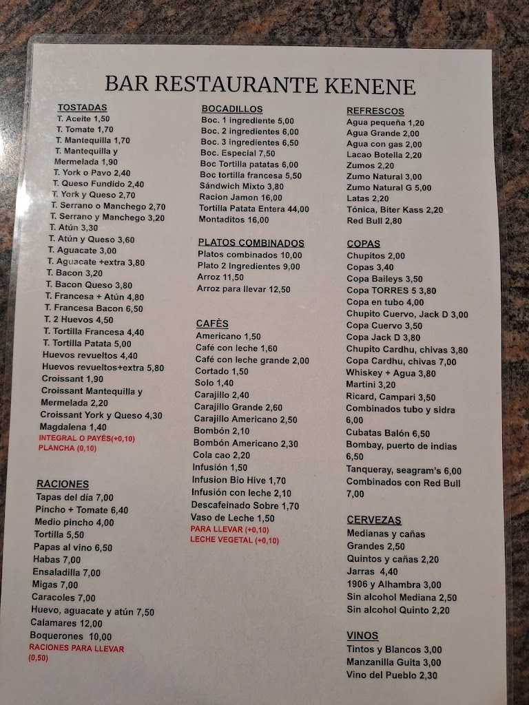 Bar Restaurante Kenene — Carta