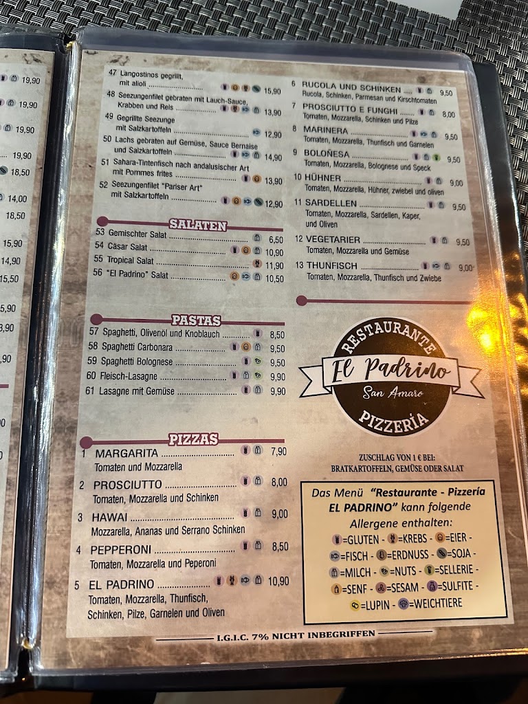 Restaurante El padrino San Amaro — Carta
