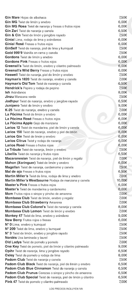 Cocteleria La Gintoneria — Carta