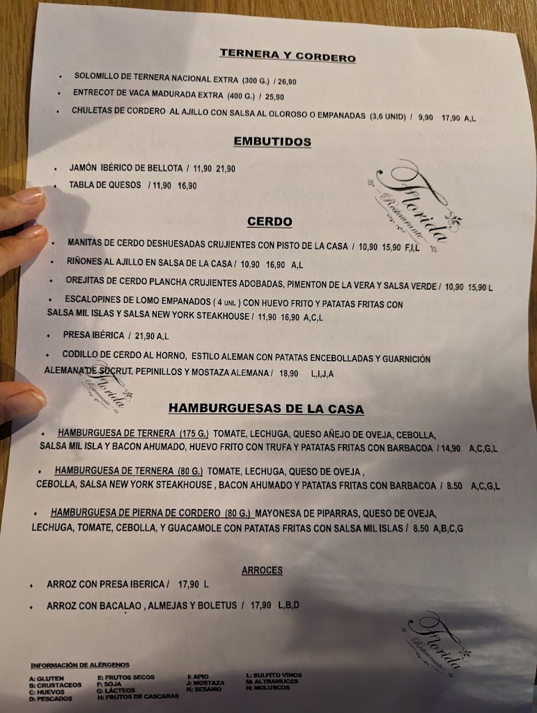 Taperia Restaurante Florida — Carta