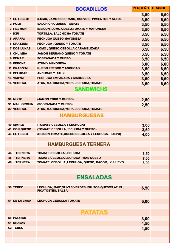 Restaurante Bocateria Tebeo — Carta