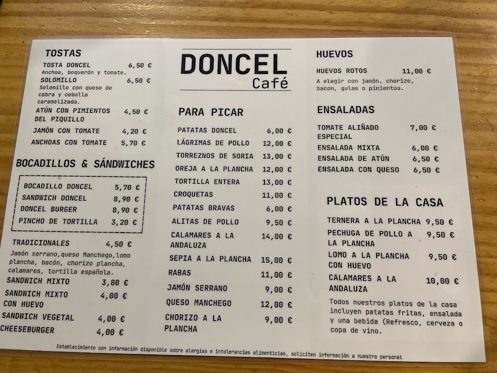 Doncel Cafe — Carta