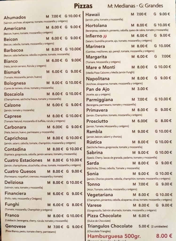 Pizzeria Italiana La Rambla — Carta