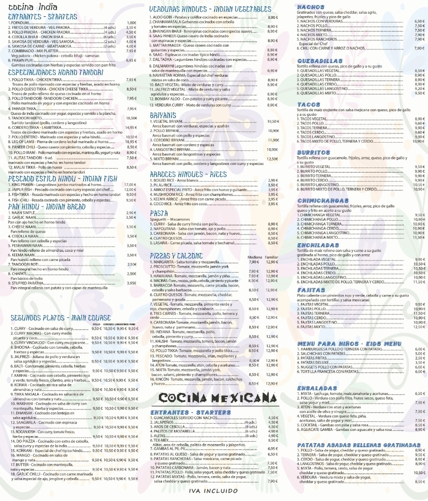 Restaurante Khushi — Carta