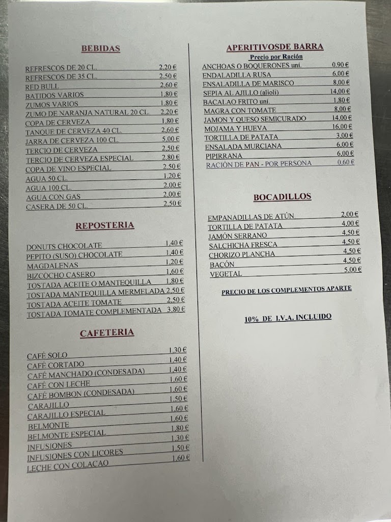 Restaurante La Cabana — Carta