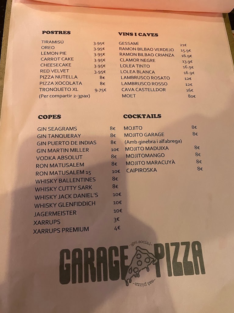GARAGE PIZZA MATARO — Carta