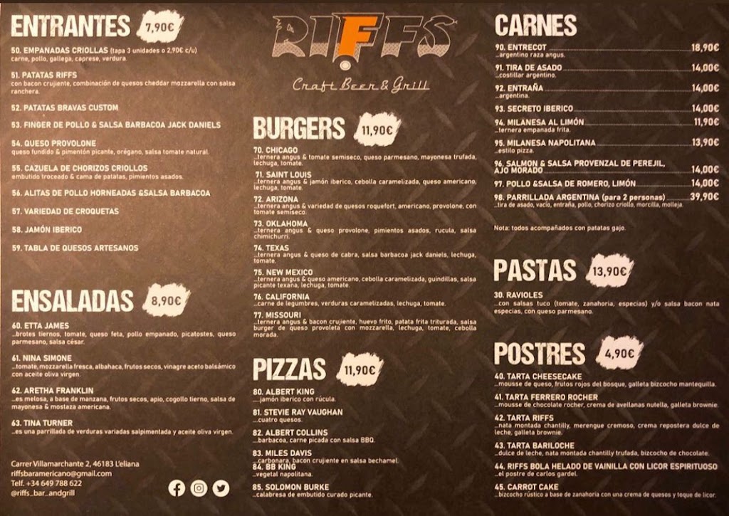 riffs american bar — Carta