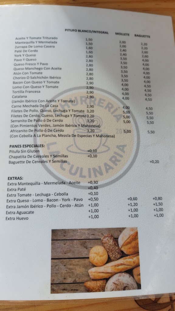 Churreria & Cafeteria La Culinaria — Carta