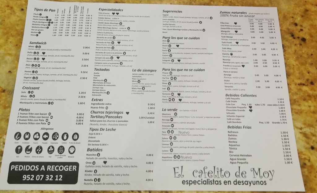 Cafeteria El Cafelito de Moy — Carta