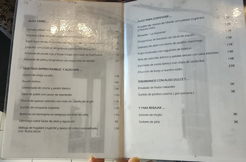 Restaurante La Imprenta — Carta