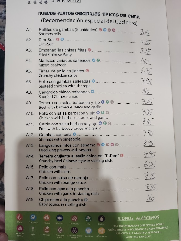 Restaurante chino Jardin — Carta