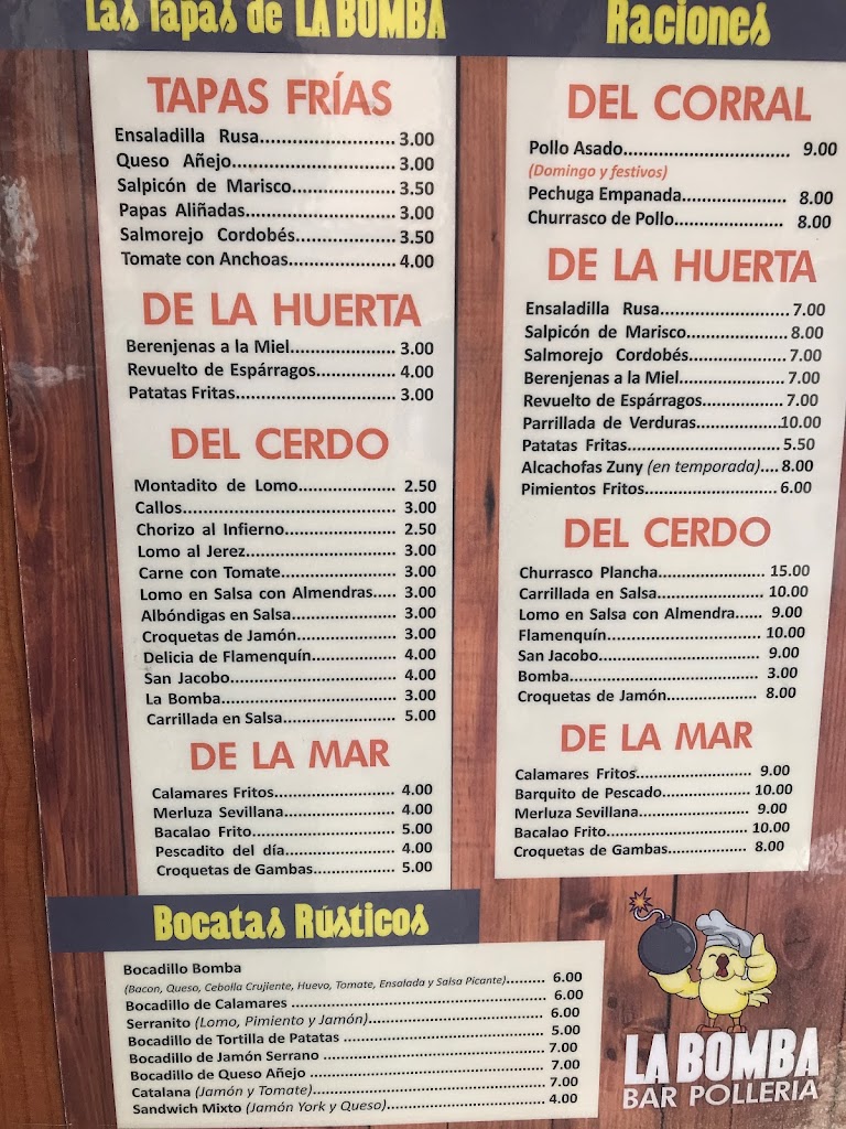 Bar la Bomba — Carta