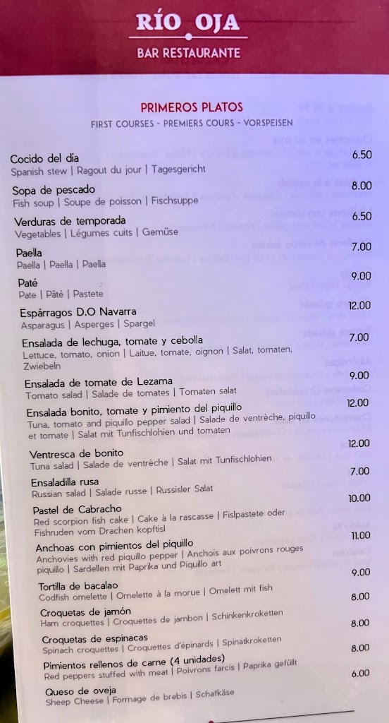 Rio-Oja Restaurante — Carta