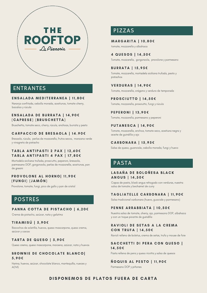 Pizzeria The Rooftop — Carta
