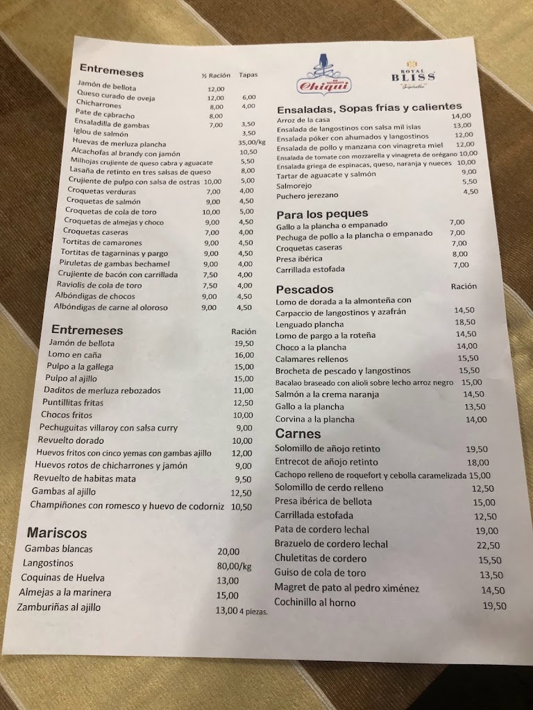 Bar Restaurante Chiqui — Carta